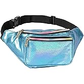 Holographic Fanny Pack Belt bag - Crossbody Waist Bag for Men or Women - Hands-Free, Waterproof Large Bumbag for Hiking, Running, and Travel (Blue Glitter)