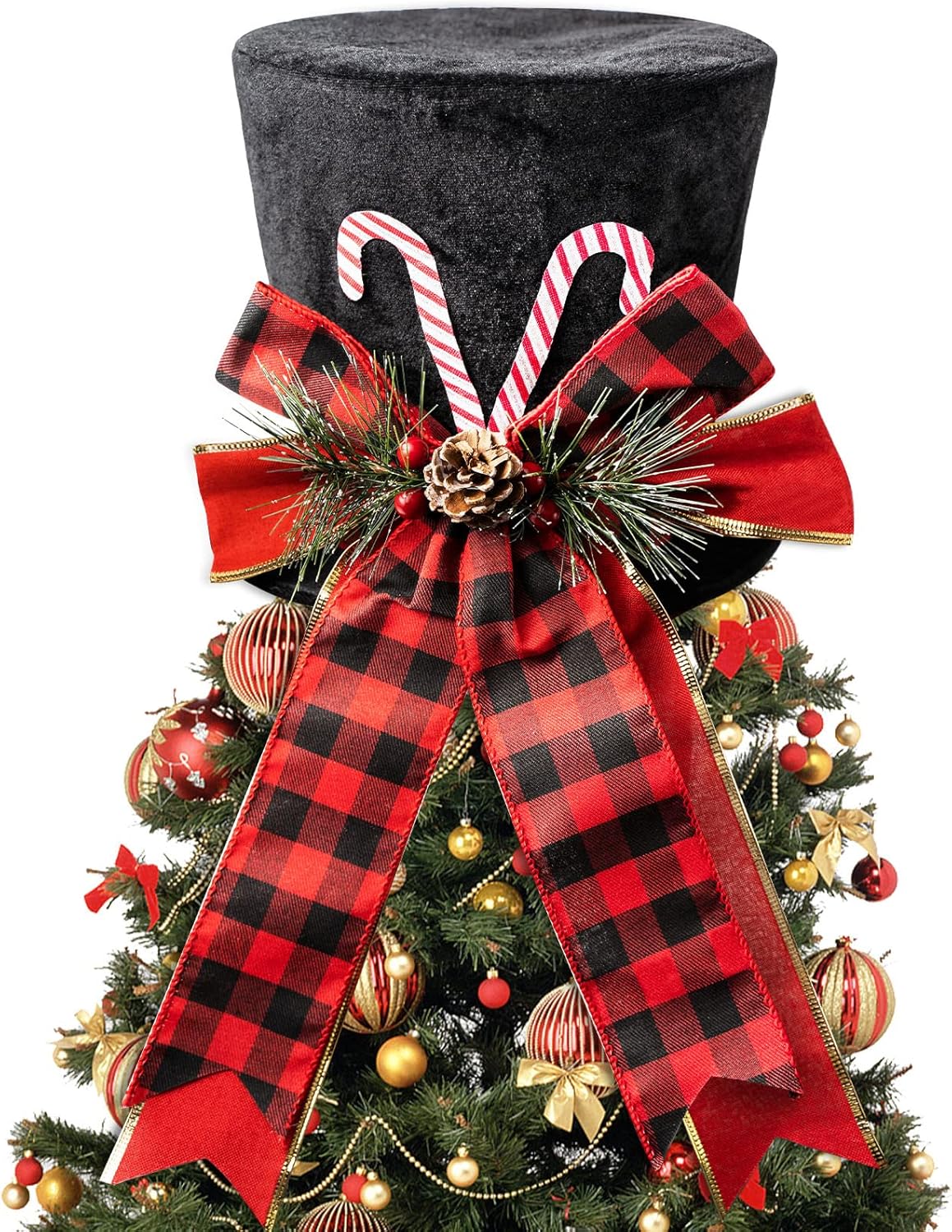 Tree Toppers - Christmas Tree Topper Hat, Retractable Xmas Tree Topper, Foldable Classic Plaid Top Hat with Large Bow for Christmas Tree Decorations Desktop Ornaments Winter Holiday Party Home Decor (Black)