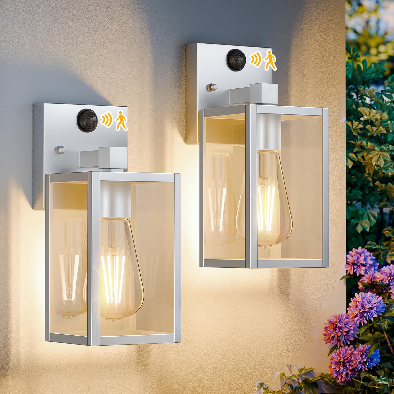 Photo 1 of 2 Pack Silver Motion Sensor Outdoor Light Fixtures Wall Mount, Dusk to Dawn Front Porch Lights for House, Exterior Wall Sconce, Waterproof Lantern Lamp,Outside Coach Light for Garage Entryway Yard