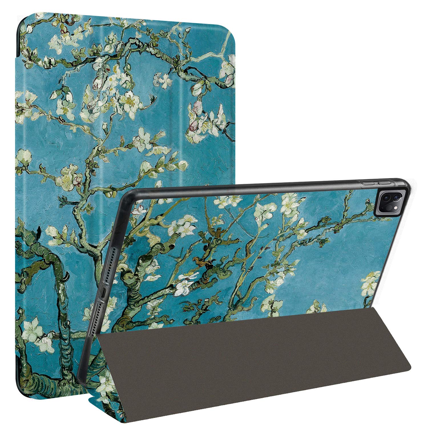 Huasiru Painting Case for iPad Pro 11" (2nd Gen) 2020 Released Only with Built-in Pencil Holder, Trifold Lightweight Stand Smart Case with Soft TPU Back, Auto Wake/Sleep, Almond Blossom