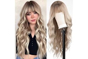 KOME Ombre Dirty Blonde Wigs with Bangs,Ash Blonde Long Wavy Wig for Women,Long Curly Synthetic Hair Wig for Party Daily Use 24IN
