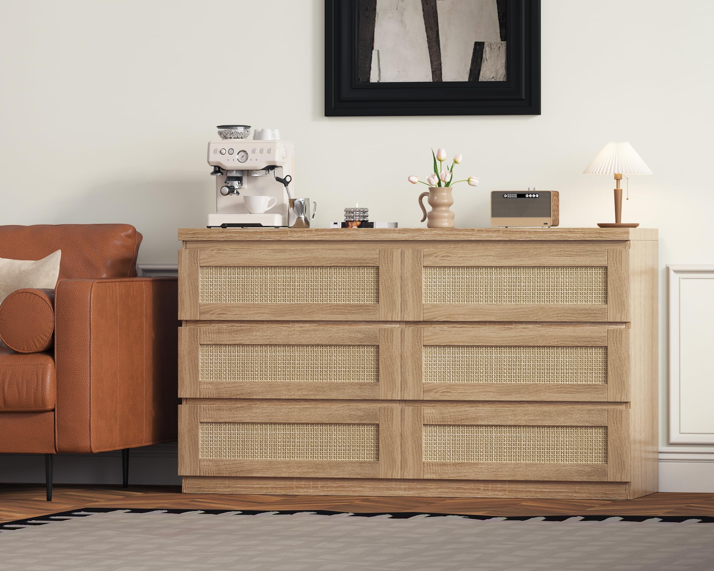 Photo 1 of *Damaged item/look at pictures/comments* GarveeHome Dresser for Bedroom, Rattan 6 Drawer Dresser for Closet, Double Wood Dressers & Chest of Drawers for Nightstands, TV Stands, Living Room, Entryway, Hallway, Cloakroom (Natural)