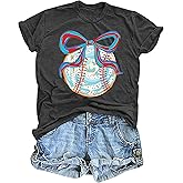 PICKID Baseball Shirts Women Baseball Bow Graphic T-Shirt Mom Gifts Tees Game Day Short Sleeve Tops