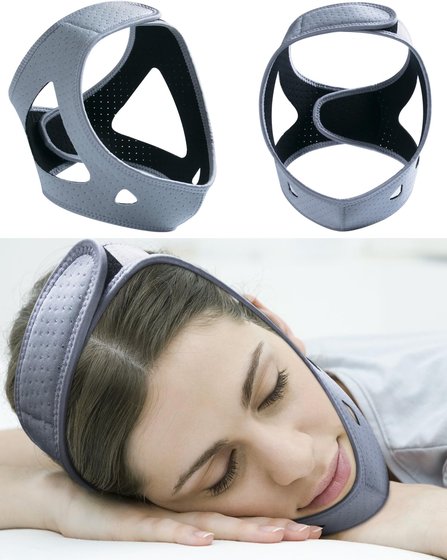 Anti Snoring Chin Strap Devices for Women&Men,Breathable Snore Stopper Reduction Adjustable Non Snoring Solution,Sleep Aid Device,CPAP Stop Snoring Solution/Support Belt/Brace/Headband/Mask (Grey)