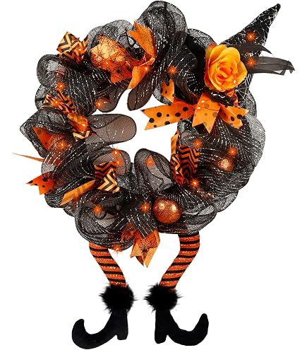 Coronas De Halloween Con Brujas - 2 Unidades, Tamaño 30x26x3 Cm, Tela Morada Y Naranja - Decoración Para Puerta O Pared
