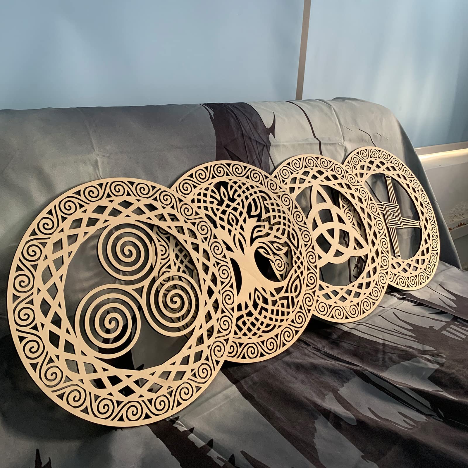 Celtic Symbol Wall Decor 12” Wooden Sacred 4Pcs Set Tree of Life Triskelion of Three Fold Spirals St. Brigid's Cross 3 point Celtic Trinity knot (Triquetra)Sign Irish Zen DIY Graffiti Artwork Decor — image 1