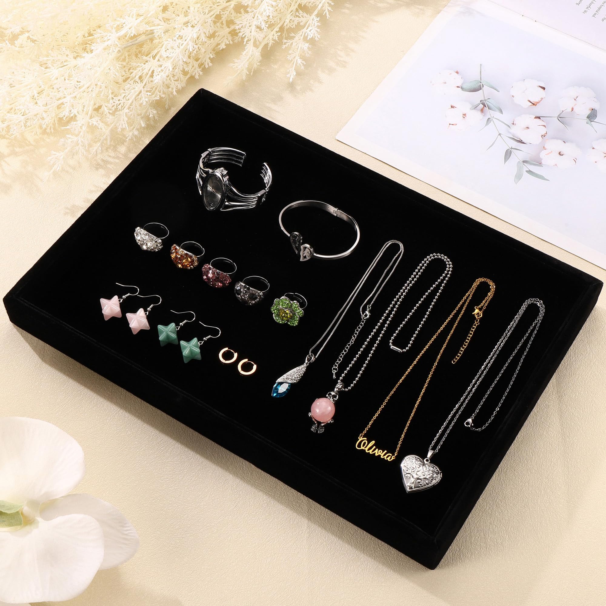 Mornajina 9 X 5.7 Inch Velvet Jewelry Display Tray - Stackable Empty Plate For Earrings Rings Necklaces, Black 10 thumbnail image