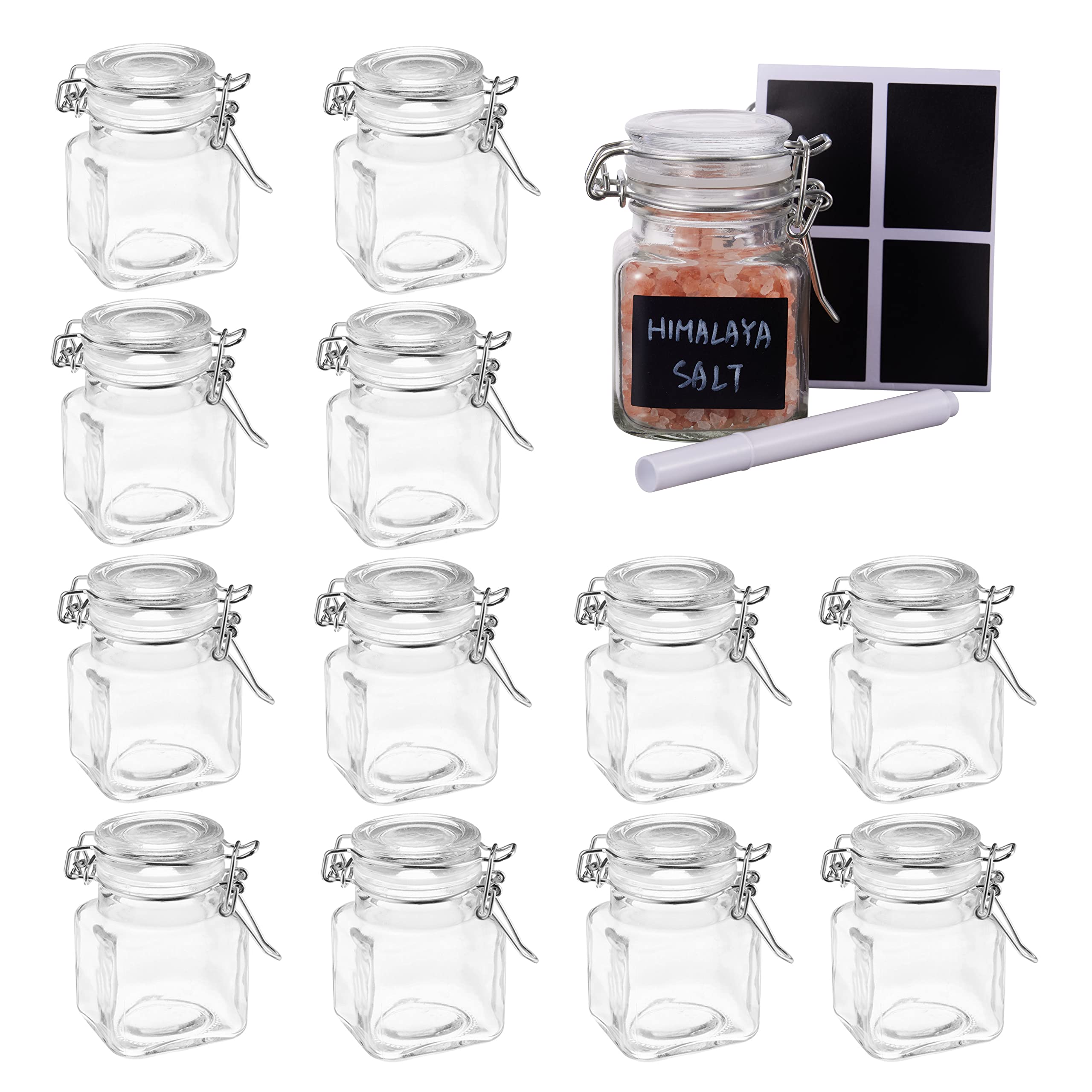 Oak & Steel - 12 Mini Clip Top Glass Spice Storage Jars - 100 ml Glass Canister Containers with Lids, 24 Labels and Chalk Pen (8 x 5cm) - Perfect for Spice Storage, Jam, Honey, Gifting