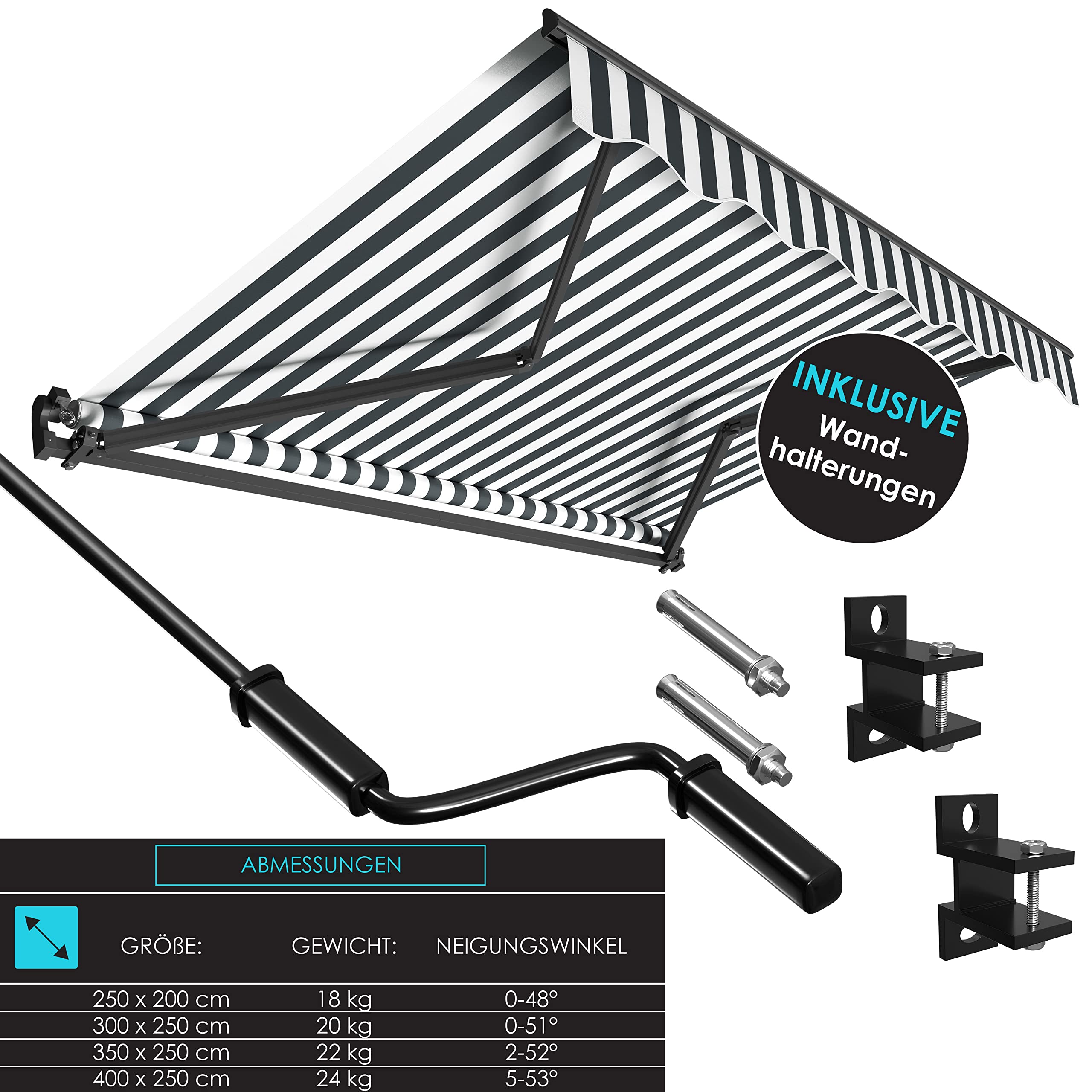 KESSER® Gelenkarmmarkise Markise Gelenkmarkise 250 x 200cm Terrassenmarkise Klemmmarkise Sonnenmarkise inkl. Wandhalterung Sonnenschutz Balkonmarkise wasserabweisend Alu/Polyester, Weiß/Anthrazit 7