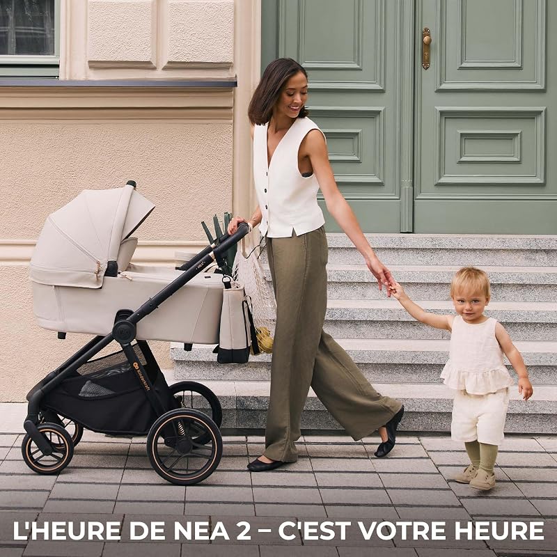 Kinderkraft NEA 2, Poussette de la naissance à 22 kg, Pliage d'une seule main, Position allongée, Grande capote, 4 roues amortissantes, Filtre UPF 50+, Panier jusqu'à 5 kg, Beige