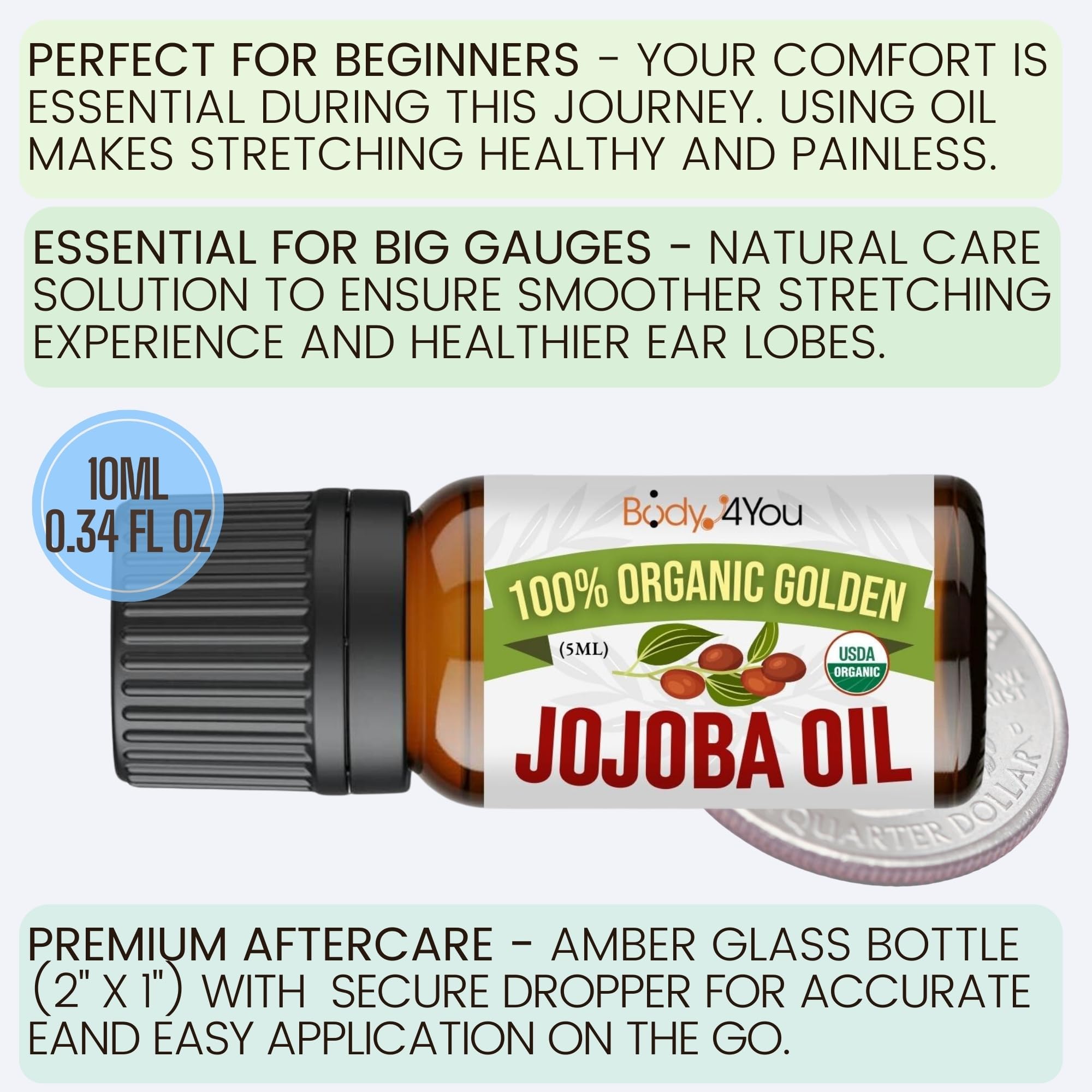 BodyJ4You Jojoba Oil Piercing Aftercare | Stretched Ear Gauges Tragus Nose Septum Lip Navel | Natural Recovery Skin Moisturizer | 100% USDA Organic Pure Unrefined Wax | 0.34 Fl Oz