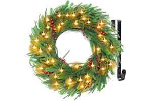 HOCENT 24' Christmas Wreaths for Front Door with Hanger & Timer - Pre-Lit Lights Christmas Wreaths for Windows Decorations with 40 LED Lighted for Mantle Stairs Fireplace Indoor Outdoor Wall