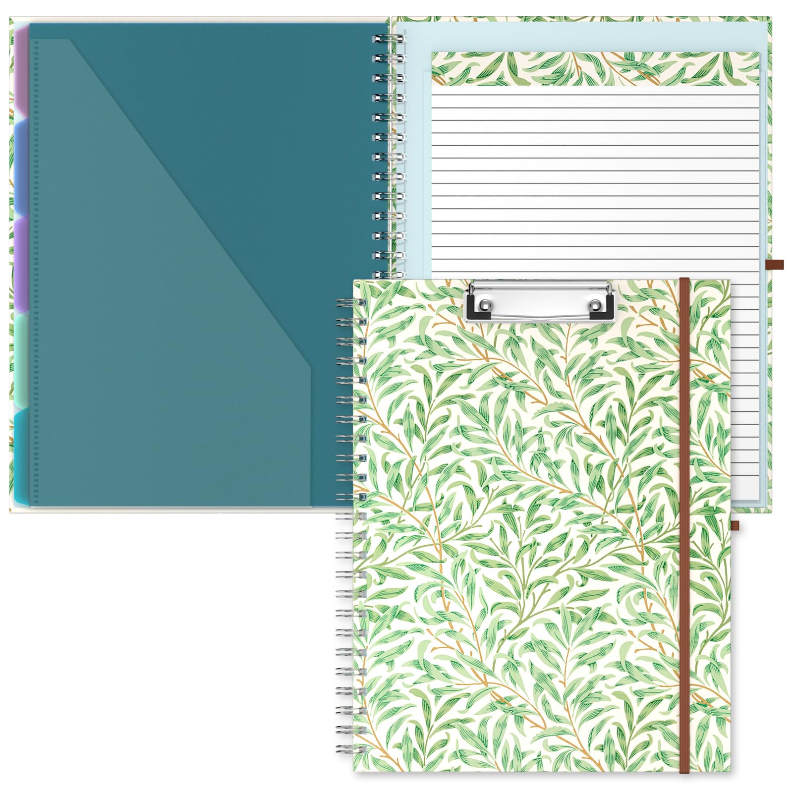 Hnogri Clipboard Folio with Refillable Lined Notepad, Clipboards with 5 A4 Folders Storage 10 Pockets, Spiral Clip Board Portfolio, Size 12.8" x 9.7", Office Supplies, School Supplies, Grass