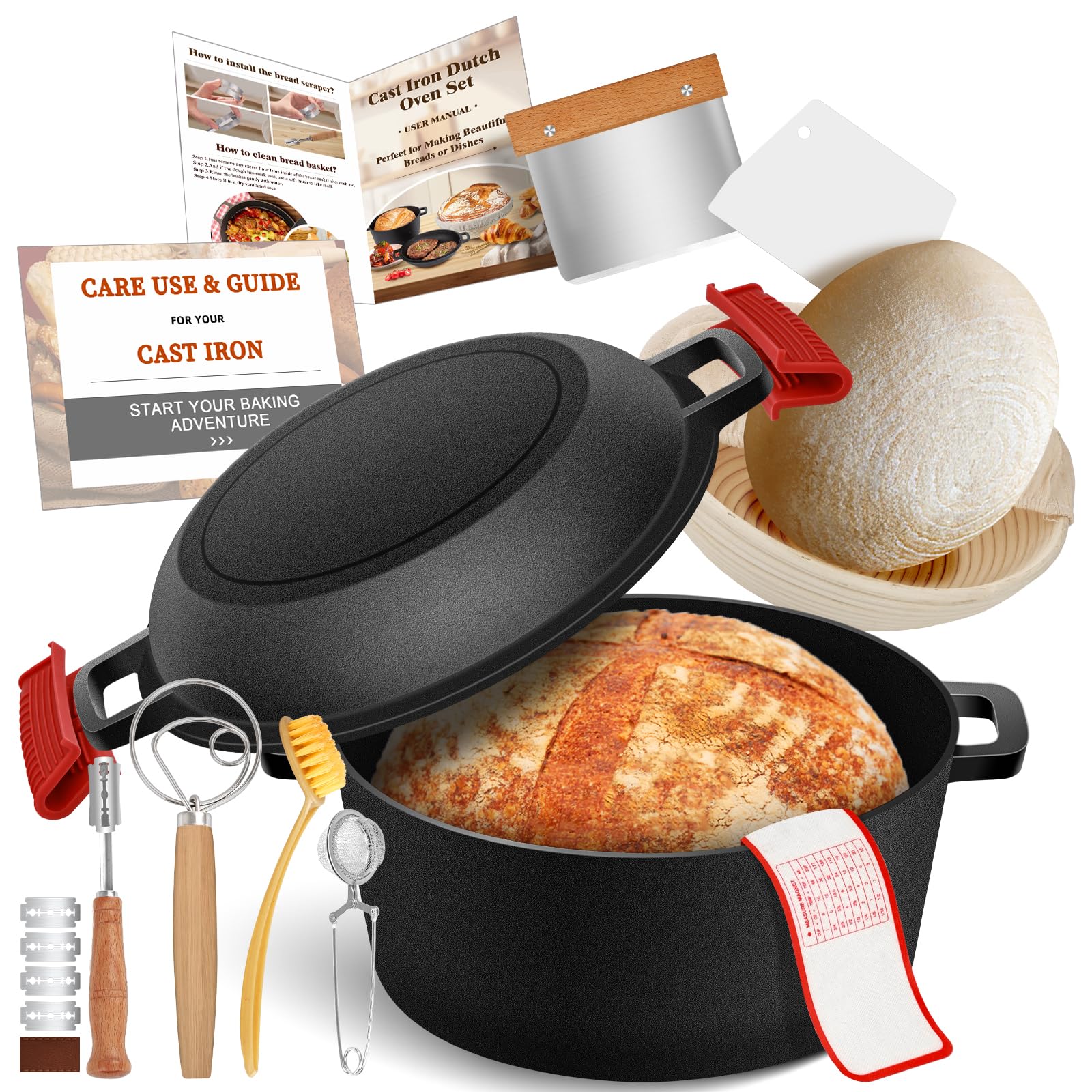 BBQ Ben Gusseisentopf Mit Gärkorb [5L] - Brotbacktopf Aus Gusseisen Mit Deckel & Leinen-Gärkorb | Gusseiserner Topf Zum Brot Backen, Braten & Schmoren | Dutch Oven Inkl. EBook