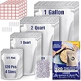 120 Mylar Bags for Food Storage with Oxygen Absorbers 300cc, 8 Mil 1Gallon 10"x14", 7.5"x11.5", 6"x9", 4.3"x6.3" Stand-Up Zip