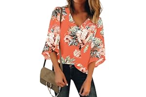 LookbookStore Women's V Neck Mesh Panel Blouse 3/4 Bell Sleeve Loose Top Shirt