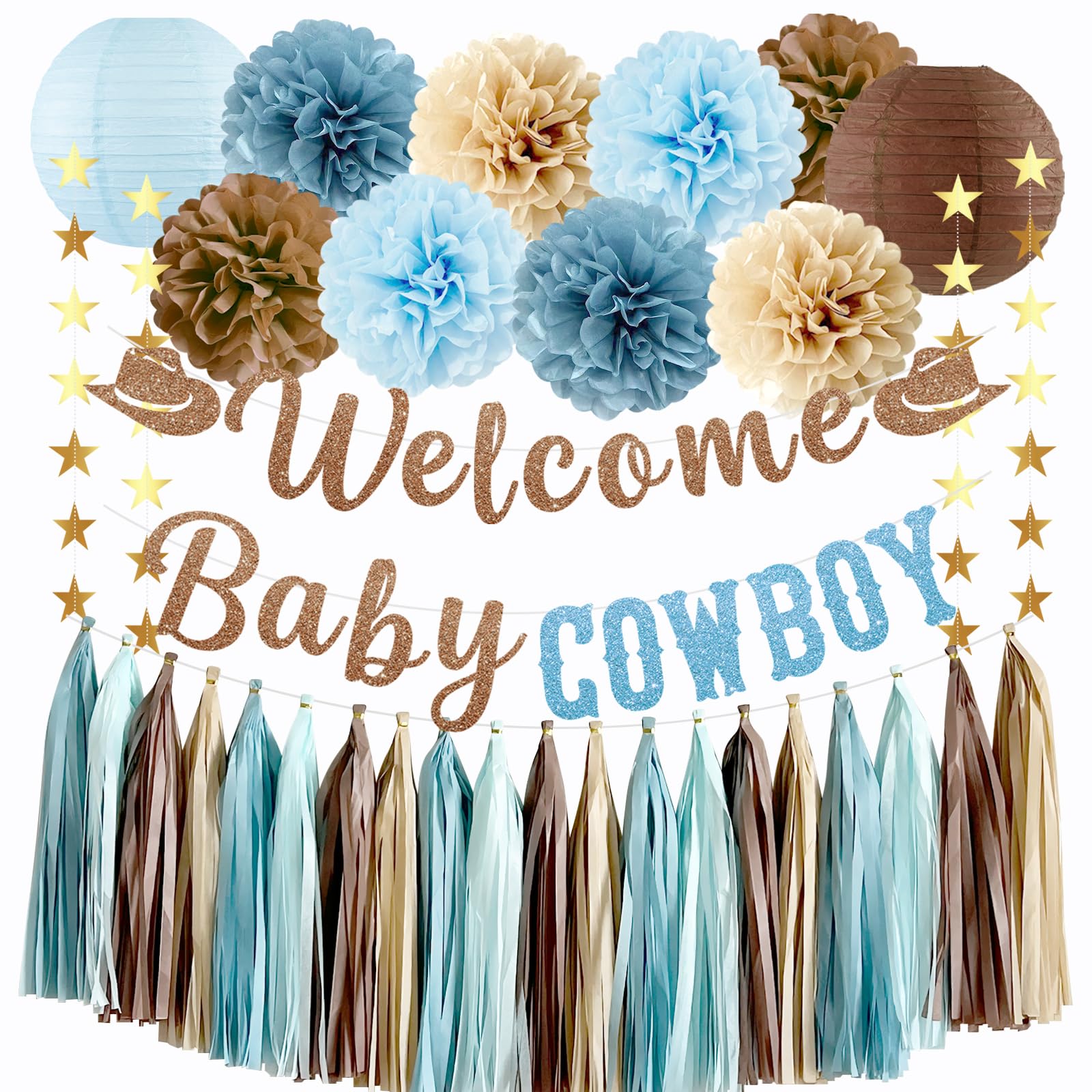 Photo 1 of Cowboy Baby Shower Decorations, Welcome Baby Cowboy Banner, Paper Pom Poms, Paper Lanterns, Tassel Garland for Western Rodeo Baby Shower Decor