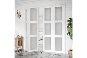 BARNER HOME Bi-Fold Doors, for 72"x 80" (Double 36" x 80" Doors) Opening, 3-lite Tempered Frosted Glass Panel, MDF, White Closet Door
