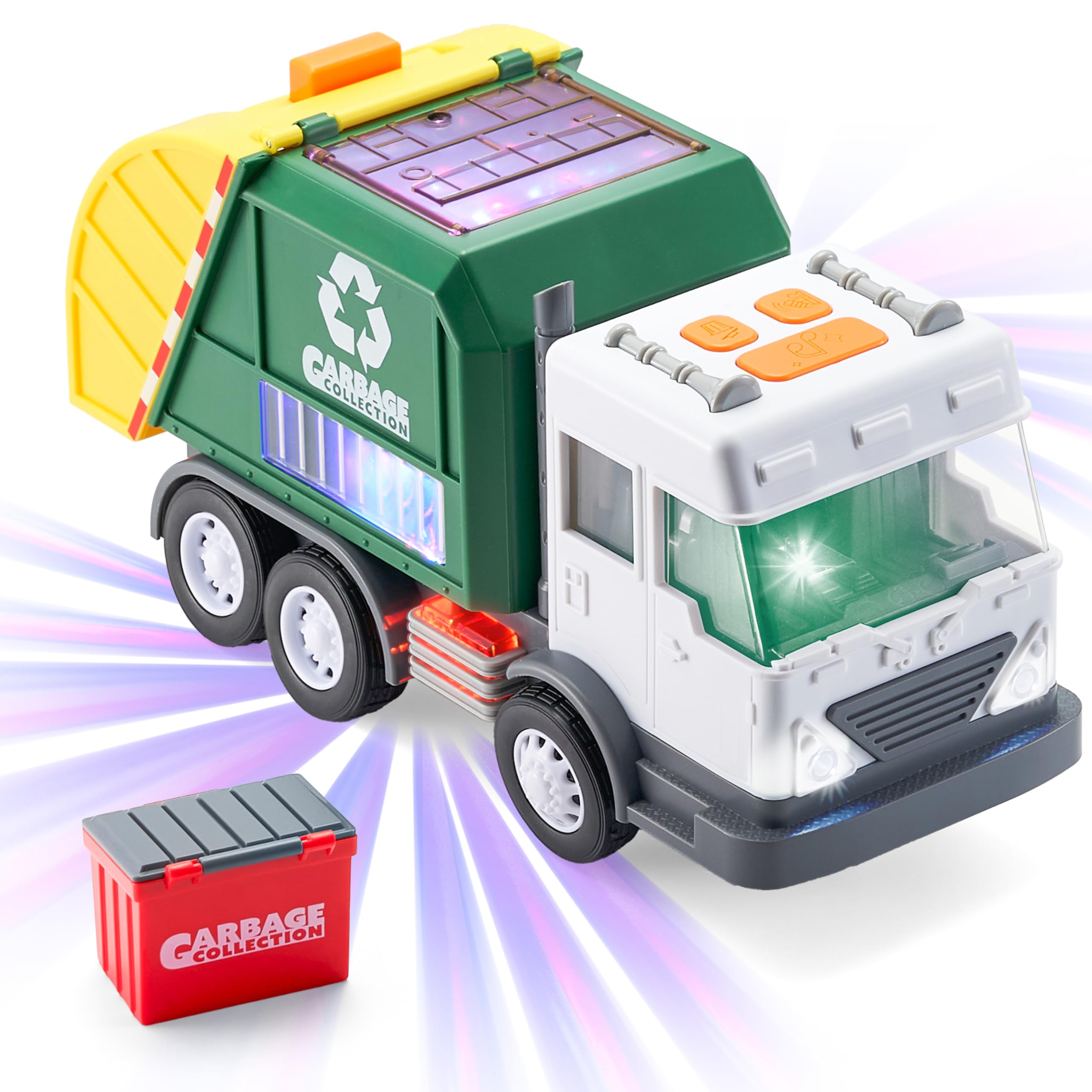 Photo 1 of LED Garbage Truck Toy Set Includes Dumpster, Toy Truck with Mode Switch & Volume Control, Trash Vehicle with Lights and Sounds, Automatic Bump & Go Car
