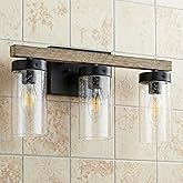 Rustic Vintage Wall Sconce, Farmhouse Vanity Light, Bathroom Wood Wall Light Over Mirror with Seedy Glass Shade.(Pinewood, 3-