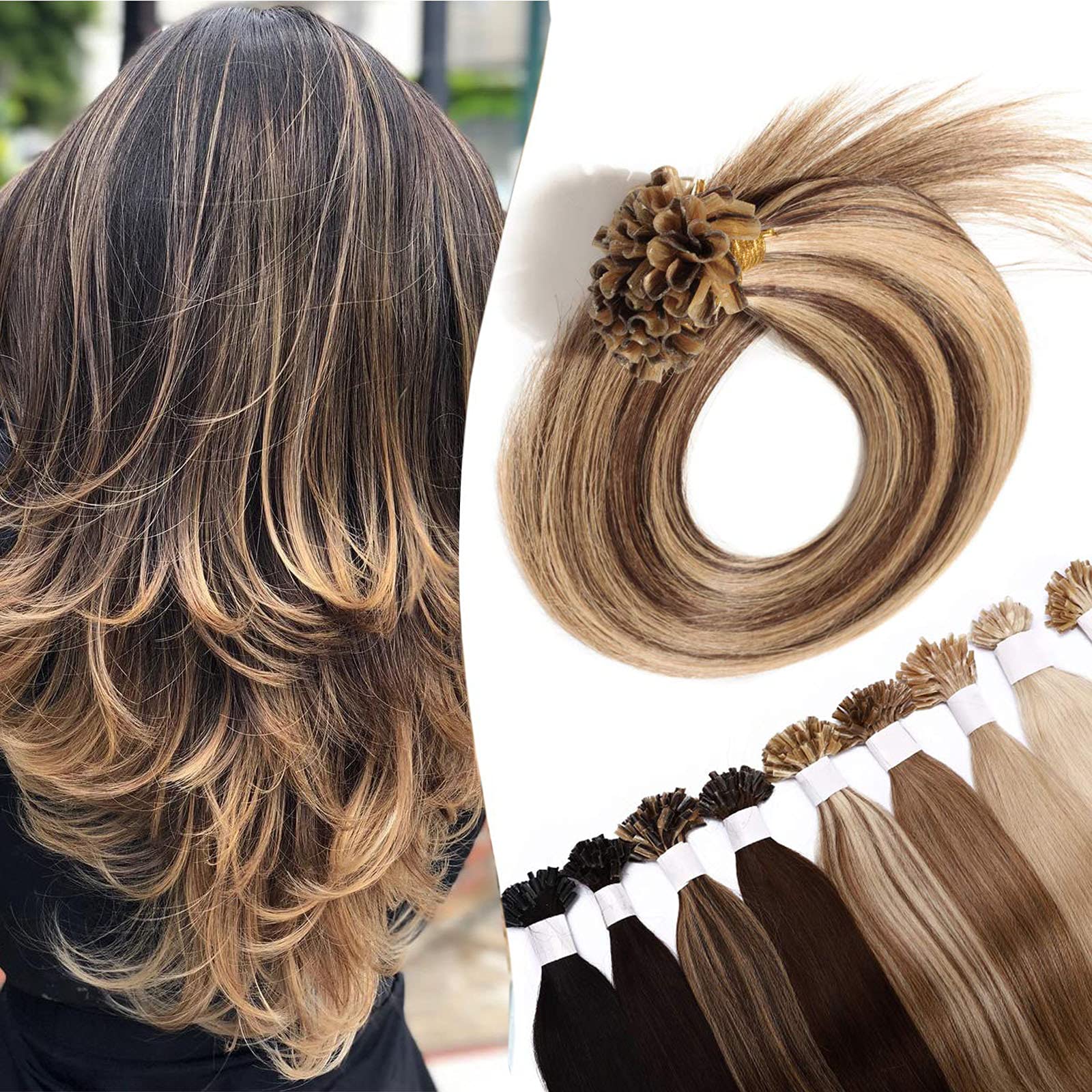 20" Pre Bonded Hair Extensions Human Hair 100 Strands #4/27 Medium Brown&Dark Blonde (50g)