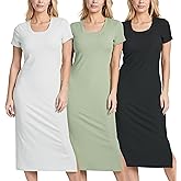 Real Essentials 3 Pack: Women's Ribbed Jersey Crew Neck Short Sleeve Midi Length Dress with Side Slit