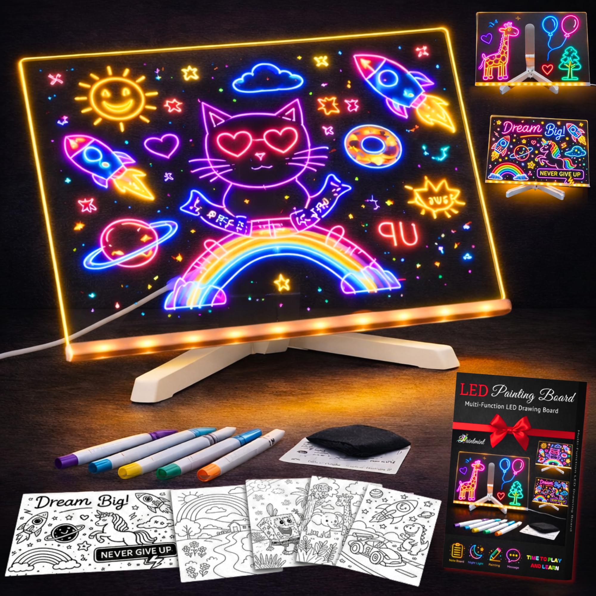 LED Drawing Board for Kids, Light Up Acrylic Note Pad with 7 Colors, Reusable Dry Erase Glow Art Writing Tablet, Stand, Markers & 6 Stencils