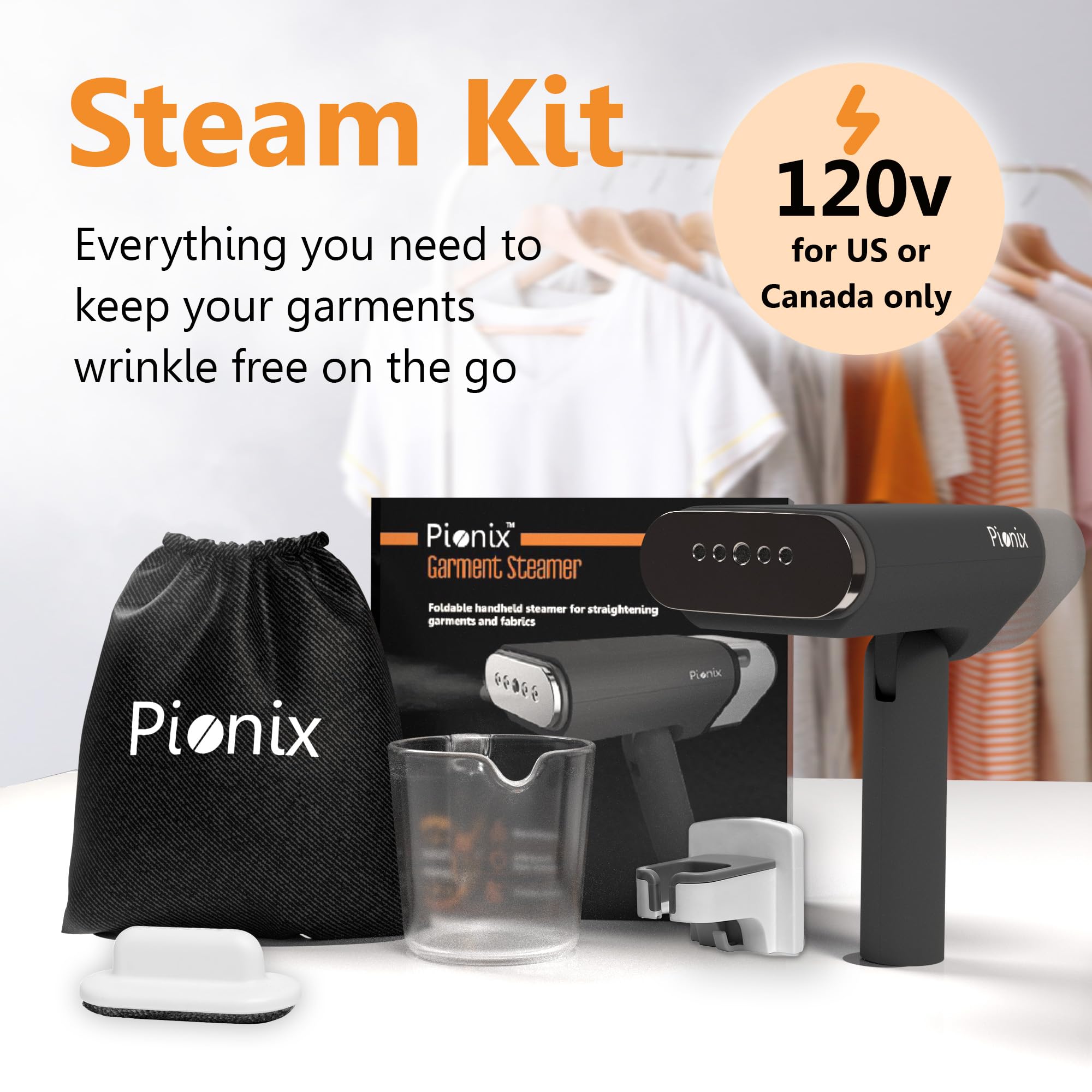 Pionix Handheld Garment Steamer - Foldable Handheld Steamer Clothes, 2-in-1 Horizontal & Vertical Fabric Steamer, Portable Hand Held Steamers for Clothes, 1000W Steam Press for Home & Travel - black