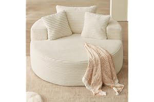 Lakifun Oversized Round Chair Lounge Chaise Indoor, Upholstered Corduroy Deep Seat Cloud Large Circle Sofa Chair, No Assembly Required, Fluffy Modern Sleeper Sofa Bed for Reading, Light White