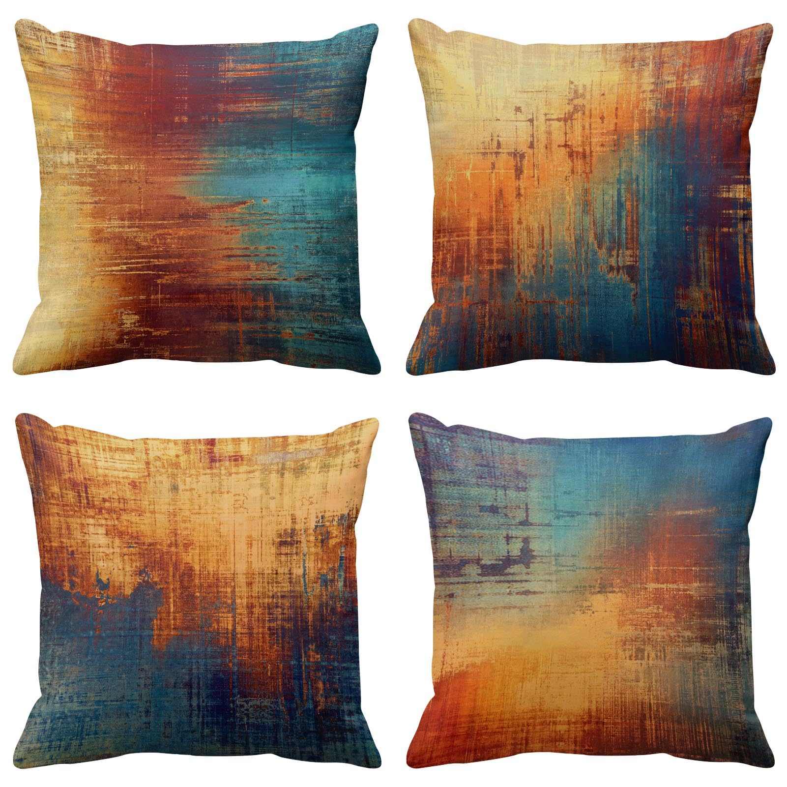 Emvency Set of 4 Throw Pillow Covers Vintage Abstract Blue and Orange Messy Rust Painting Decorative Pillow Cases Home Decor Standard Square 18x18 Inches Pillowcases
