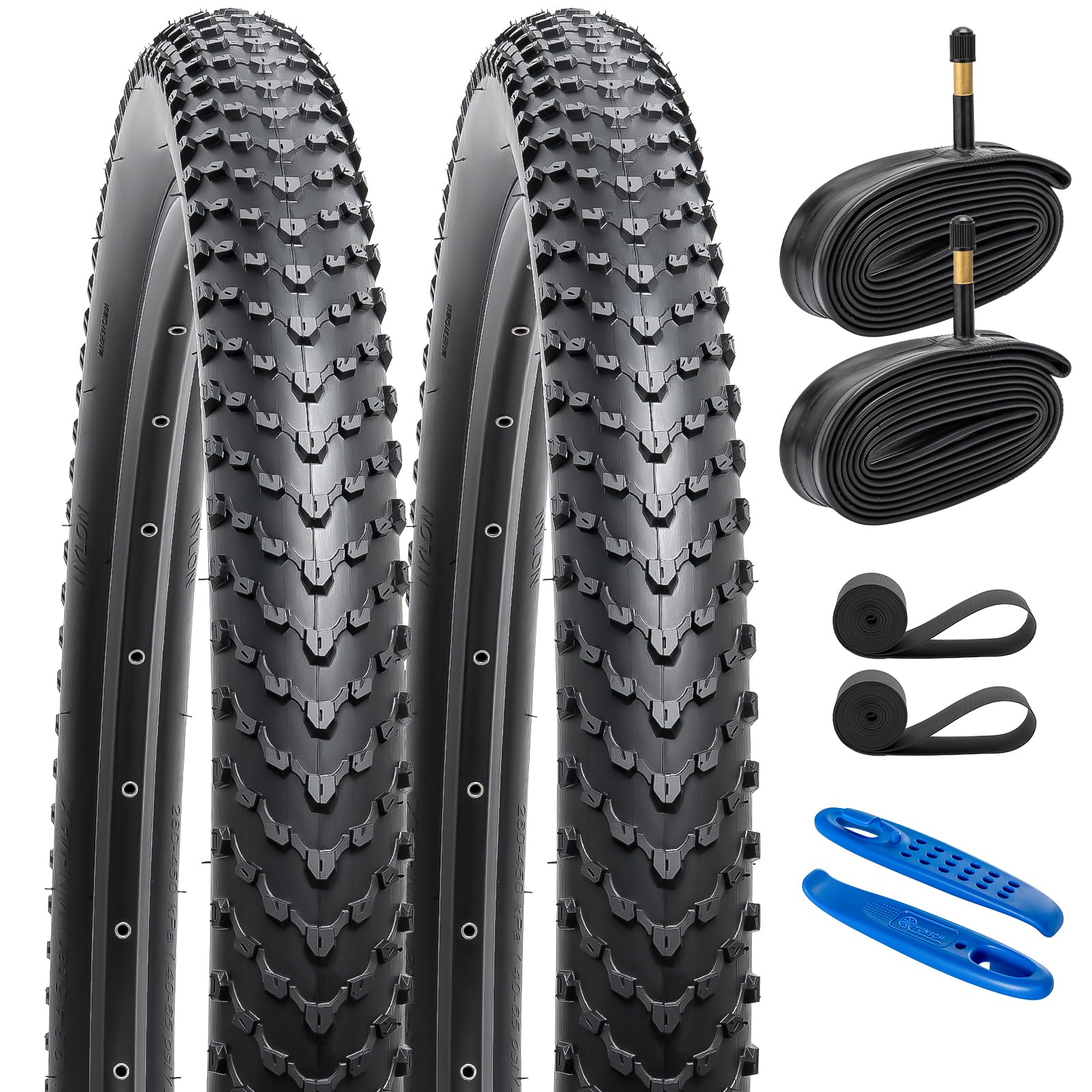 YunSCM 2-Pcs 29" Foldable MTB Bike Tyres 29x2.40 ETRTO 60-622 and 29" Heavy Duty Bike Tubes Schrader Valve AV48mm, Compatible with 29x2.35 29x2.4 Bike Bicycle Tyres and Tubes(W2033)