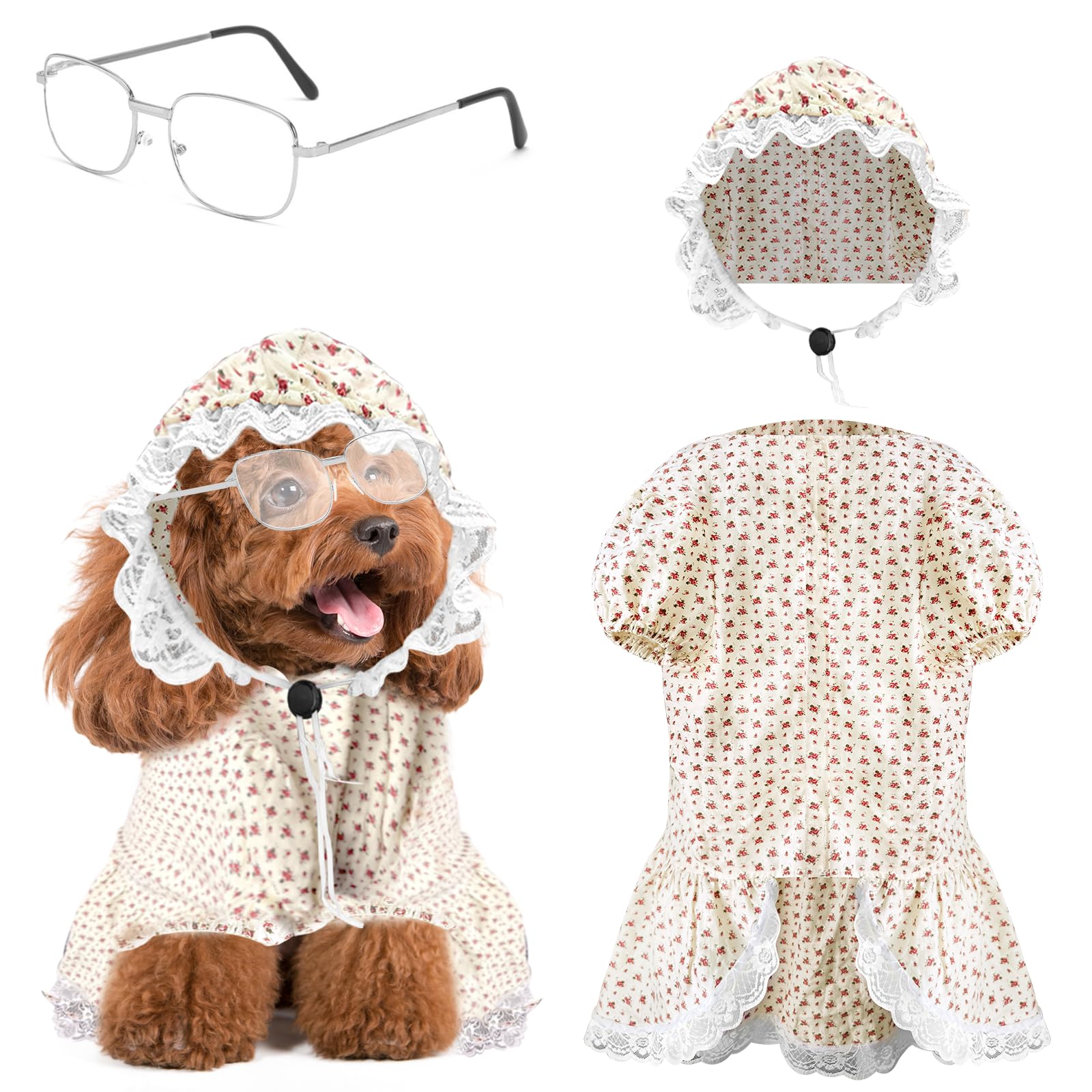 Photo 1 of 3 Pcs Old Lady Costume for Dog Grandmas Dogs Costume Include Halloween Dogs Costumes and Hat Funny Retro Sunglasses for Halloween Dog Party Cosplay (L)