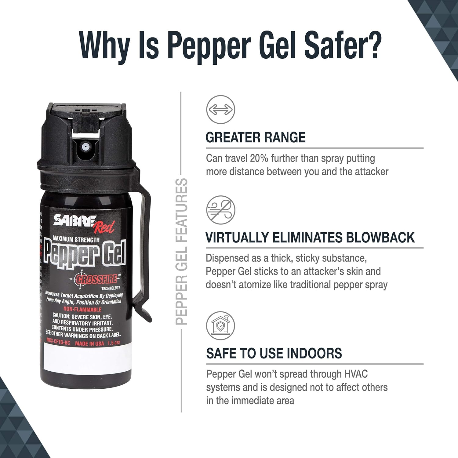 SABRE RED Crossfire Pepper Gel Spray with Belt Clip – 360-Degree Deployment, Maximum Police Strength Pepper Gel with Quick Access Flip Top, 18-foot (5.5 m) Range, 18 Bursts – Gel is Safer, Black : Sports & Outdoors