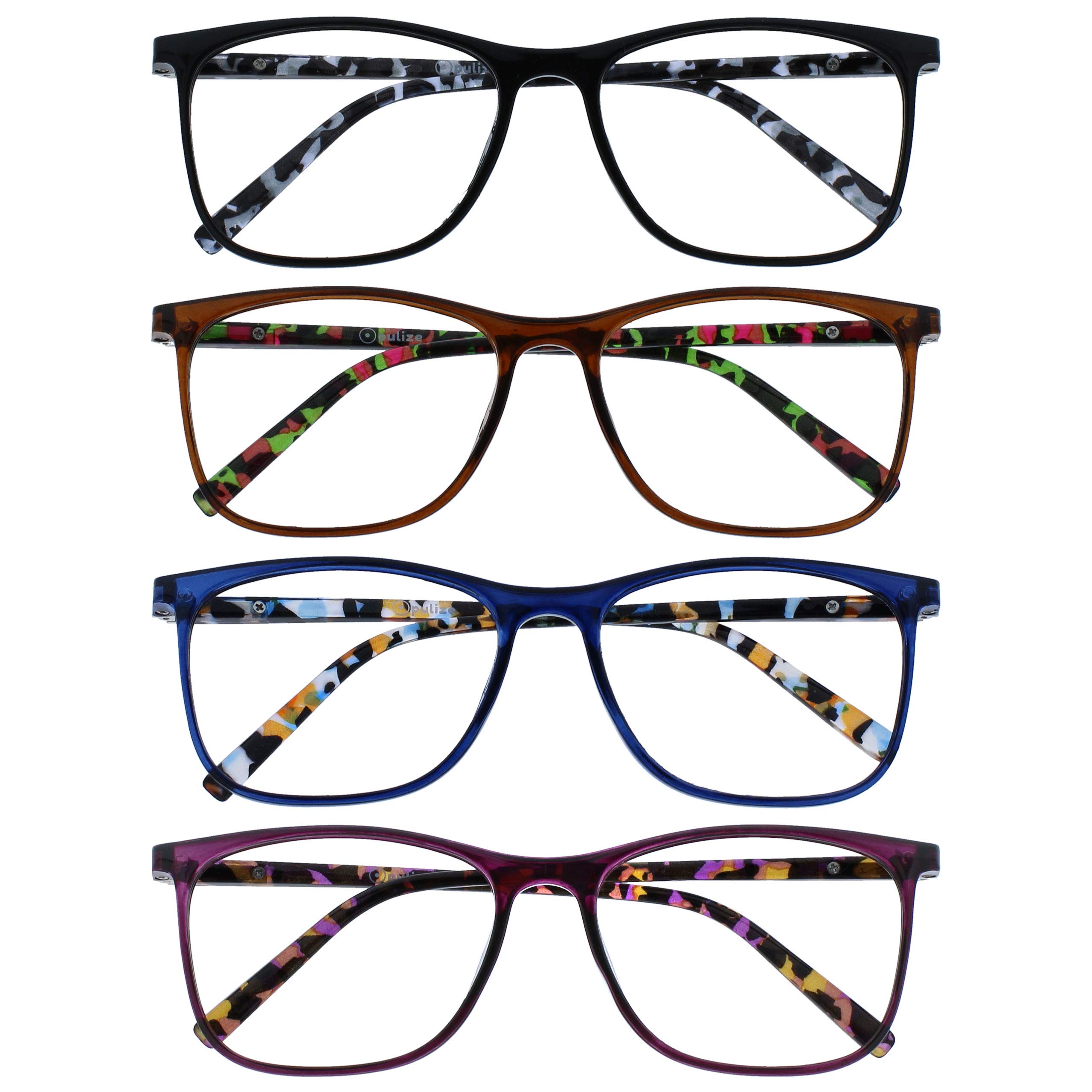 OPULIZE Arc Reading Glasses 4 Pack Stylish Slim Square Frame Spring Hinges Scratch Resistant Black Brown Blue Purple Patterned Arms Mens Womens RRRR66-1235 +1.00