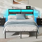 OURPIC Full Size Bed Frame with LED Lights &amp; Charging, Black Platform Bed | Upholstered headboard shelf, under-bed storage, no box spring, easy assembly, sturdy steel frame, noise-free, RGB 60k colors