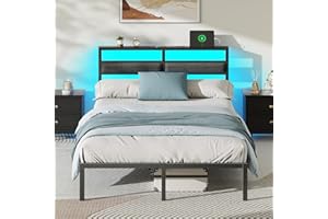 OURPIC Full Size Bed Frame with Headboard, Bed Frame Full Size with LED Light and Charging Station, Black Metal Platform Bedframe and Storage Shelf, No Box Spring Needed, Noise Free