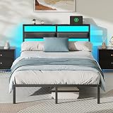 OURPIC Full Size Bed Frame with Headboard, Bed Frame Full Size with LED Light and Charging Station, Black Metal Platform Bedframe and Storage Shelf, No Box Spring Needed, Noise Free