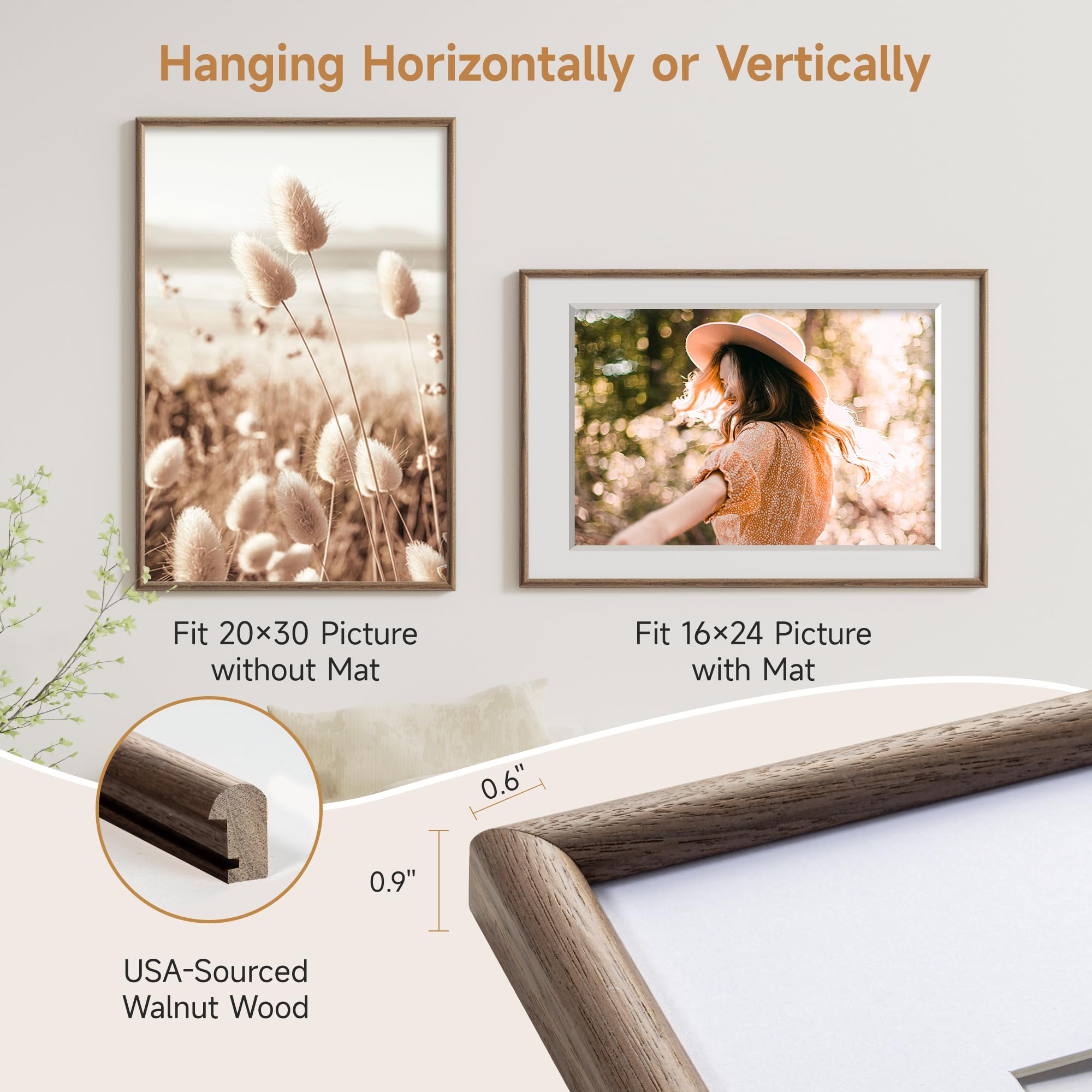 Condition photo showing New/Like New for 20x30 poster frame - solid walnut wood picture frames with hd tempered glass, handcrafted rounded co