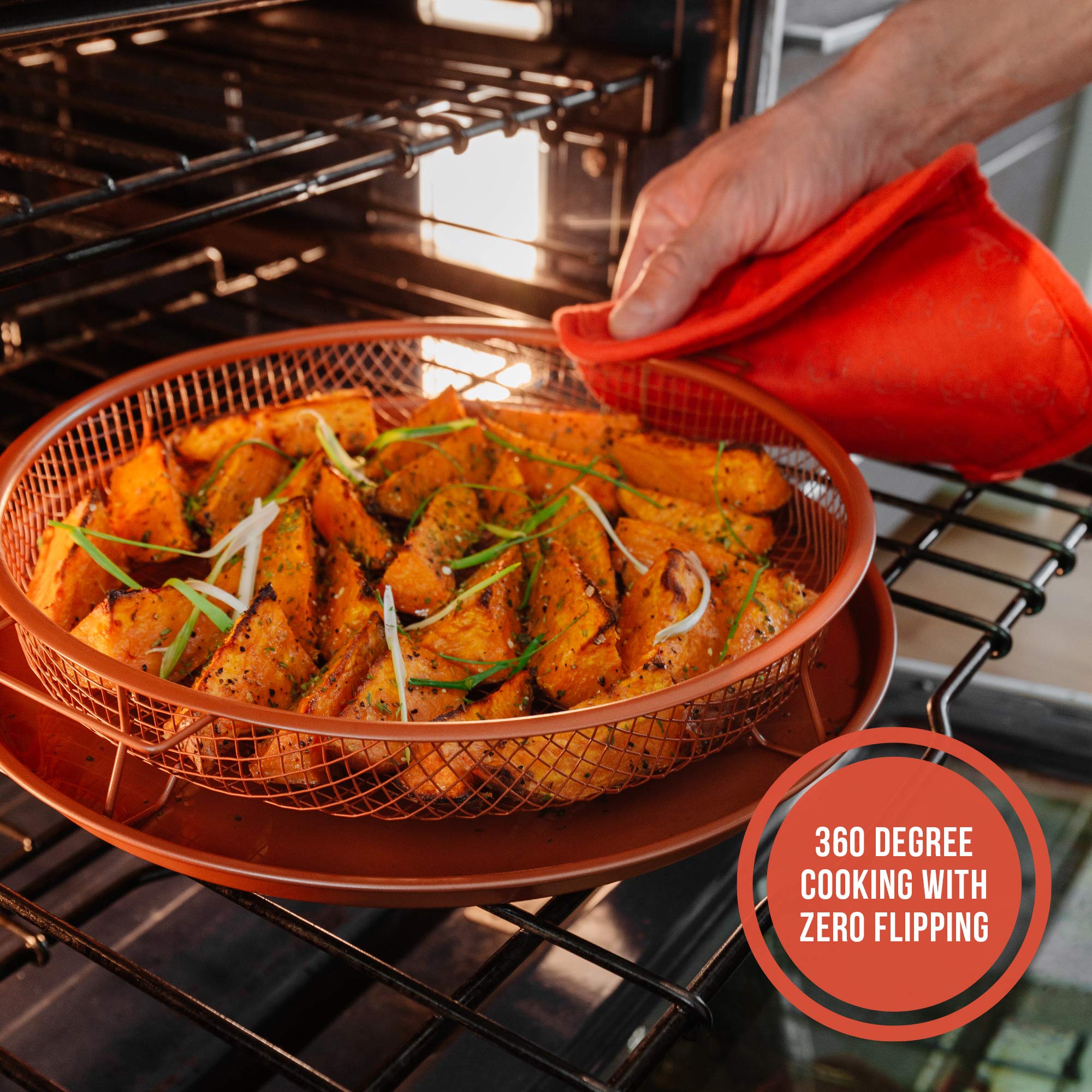 Chef Pomodoro Crisper Basket and Tray Set -2 Pieces, Large Plate for Oven with Air Fryer Option, Oil-Free Cookware Pan, Full Size Oven and Air Fryer Accessories for Any Kitchen, 12.2 inches (Copper)