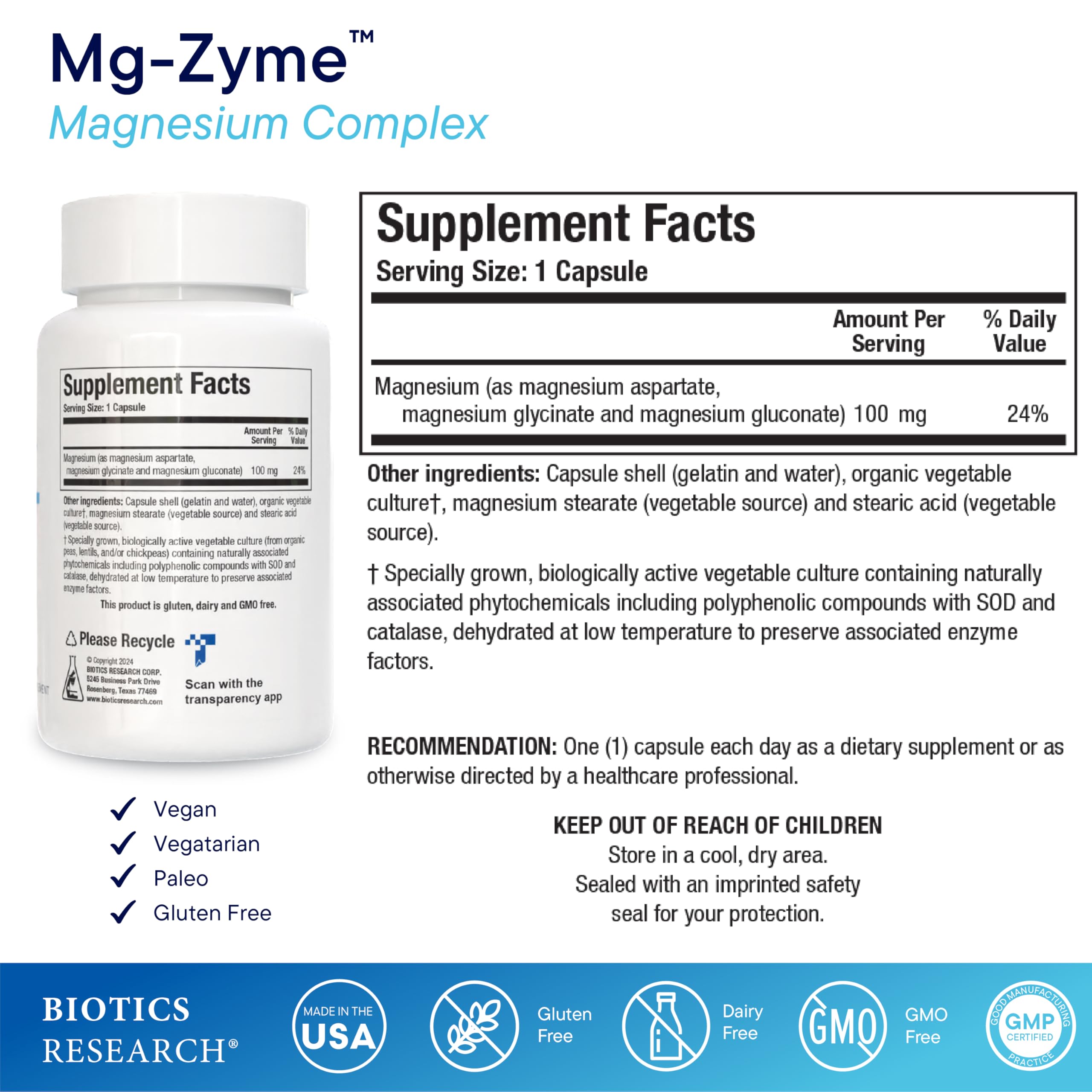 Biotics Research Mg-Zyme™ Triple Magnesium Complex 100 mg- Magnesium Glycinate, Gluconate, Aspartate Chelated Supplement, High Absorption, Support Sleep, Energy, Cardiovascular Health–100 Capsules