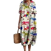 V Neck Boho Floral Maxi Dress Women Summer Short Sleeve Loose Casual Beach Vacation Long Tunic Dress with Pocket