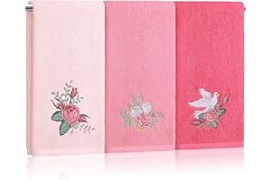 Tingjoo Rose Floral Hand Towels Farmhouse Pink Rose Bathroom Decor 14x29 Inch Embroidered Decorative Cute Summer Flowers Hand Towels Cotton Soft Absorbent Towels for Bathroom Kitchen