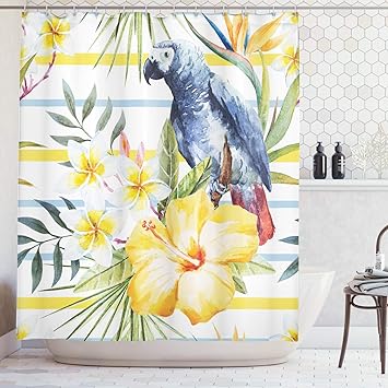 Abakuhaus Perroquet Rideau De Douche Modèle Tropique Avec Orchidées Perroquet Et Fleurs Dhibiscus En Style Hawaïenne Résistant à Leau Résilient