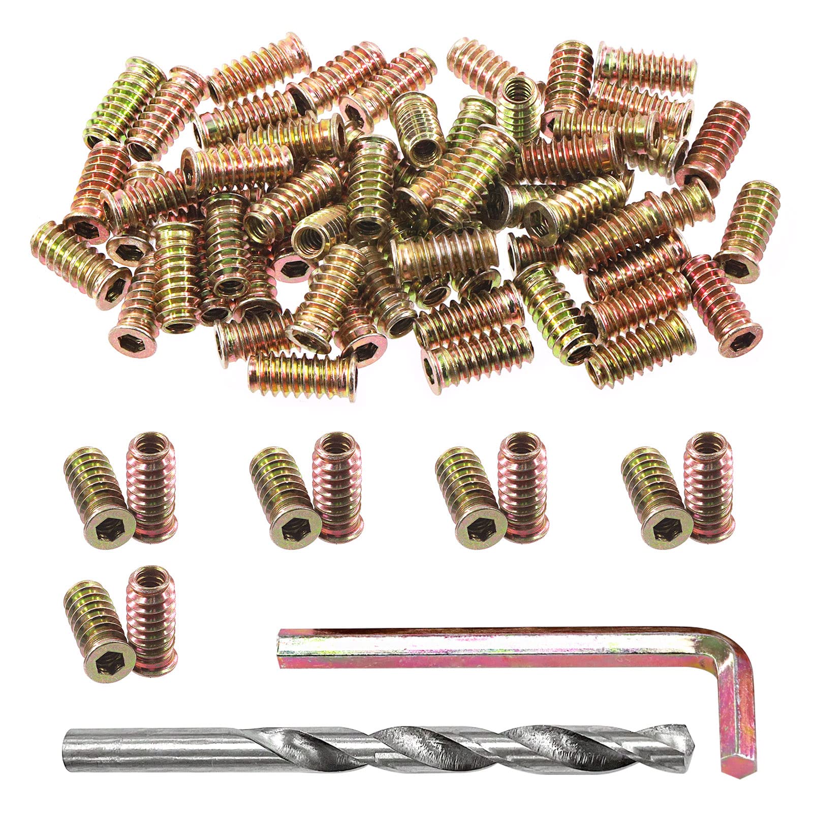 Swpeet 60Pcs 1/4"- 20 x 25mm Carbon Steel Color Zinc Plated Wood Inserts and 11mm Twist Drill with 1Pcs Wrench Assortment Kit, Bolt Furniture Screw in Nut Threaded Fastener Connector Hex Socket Drive