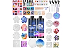 KISREL Epoxy Resin Kit for Beginners, 32oz Resin Kit with Coaster Molds, Complete Accessories Include Pigment, Mica Powders, Dried Flowers, Glitter, Measuring Cups and Other Resina Supplie