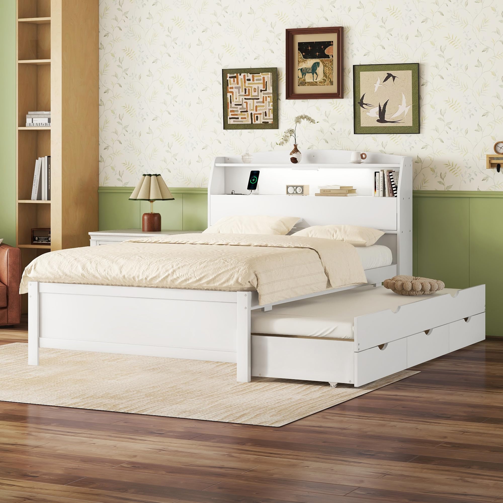 Photo 1 of *PARTIAL SET - See Clerk Notes*
Merax Full Size LED Platform Bed with USB Outlets, Modern Wooden Bed Frame with Trundle, Storage Headboard and Drawers, No Box Spring Needed, White