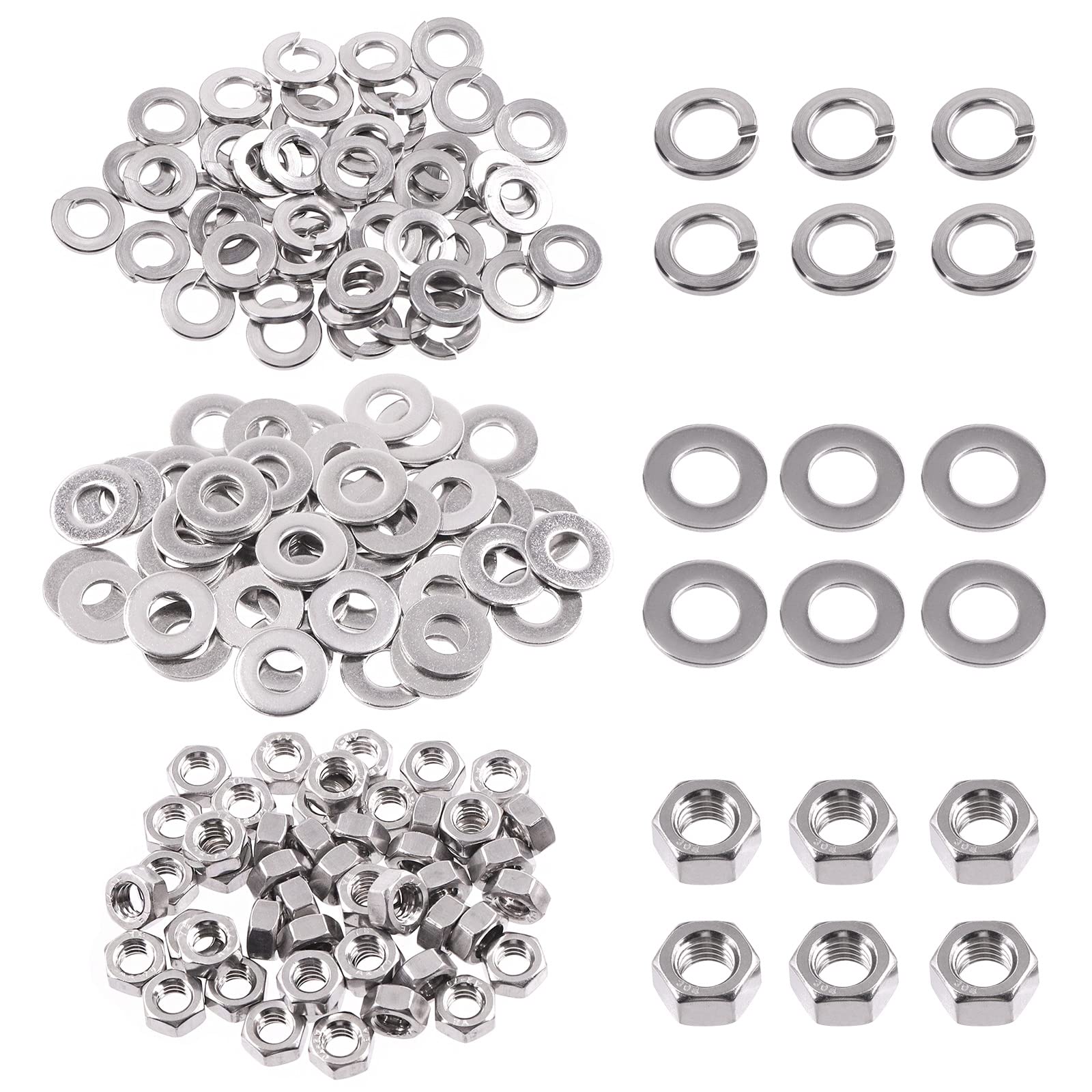 Swpeet 150Pcs SAE 304 Stainless Steel 1/4-20" Hex Nuts and #1/4 Flat Washers with #1/4 Split Lock Washers Assortment Kit, Coarse Thread Hexagon Nut for Home Automotive Shop Use