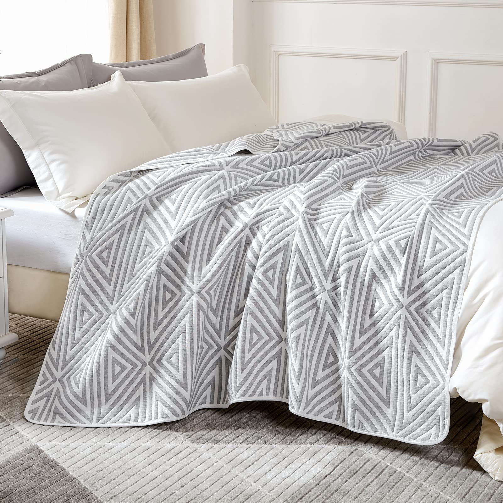 Photo 1 of EMME Cotton Queen Blanket for Bed - 6 Layer Soft Quilt Thicken 400GSM Triangle Jacquard Blanket 90"x 90", Cotton Comforter for Dorm Bed Couch Chair and All Seasons(Grey,Queen)