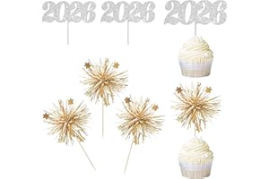 C L COOPER LIFE 22pcs 2026 Happy New Year Party Cupcake Toppers Silver Glitter Number 2026 Foil Firework Cupcake Toppers for New Years Eve Decorations Hello 2026 New Year Theme Graduation Wedding Party Supplies