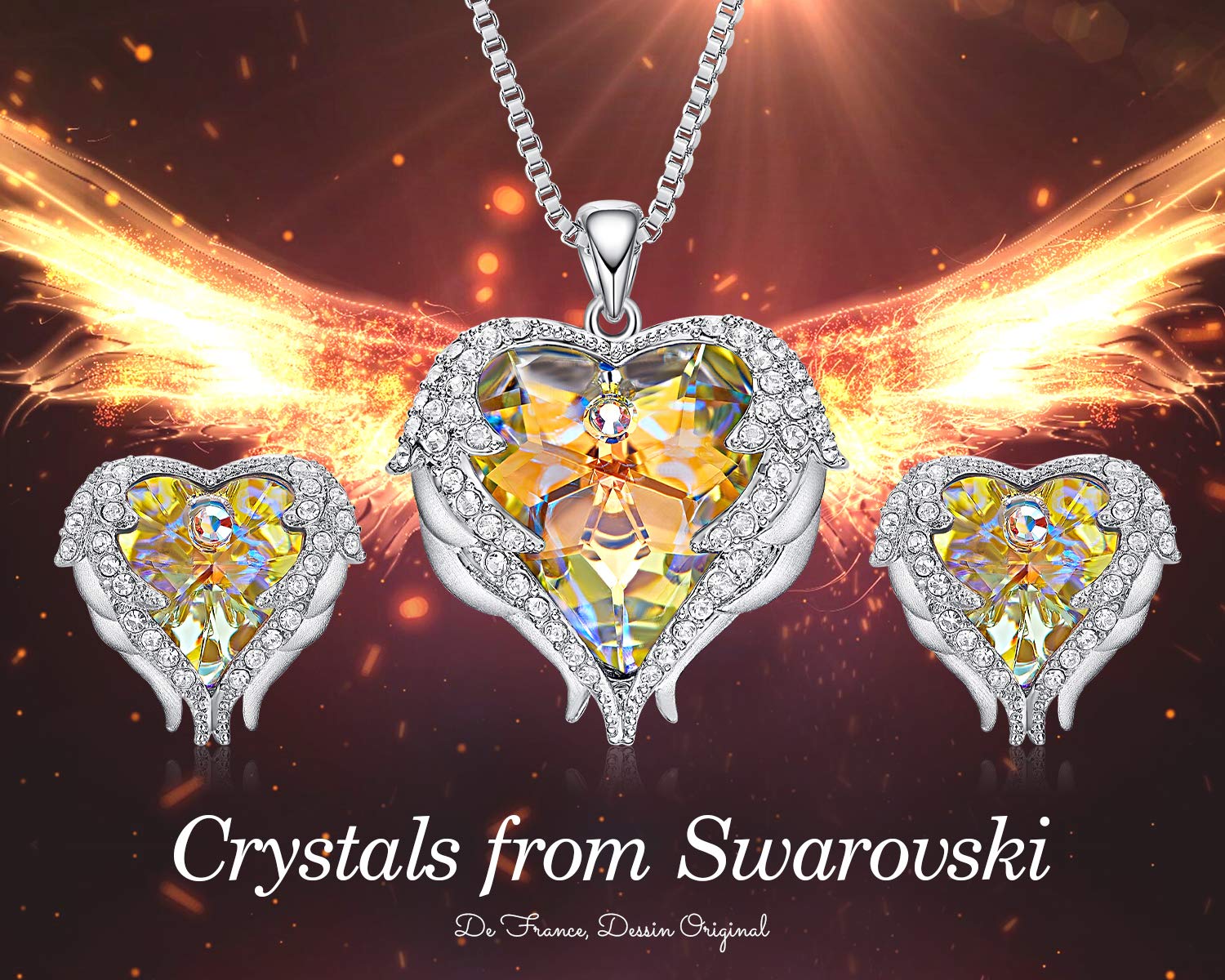 CDE Jewery for Women Swarosvki Pendant Necklaces Set with Silver Angel Wing Crystal Stud Earrings Birthsone Birthday Gifts for Women Girls